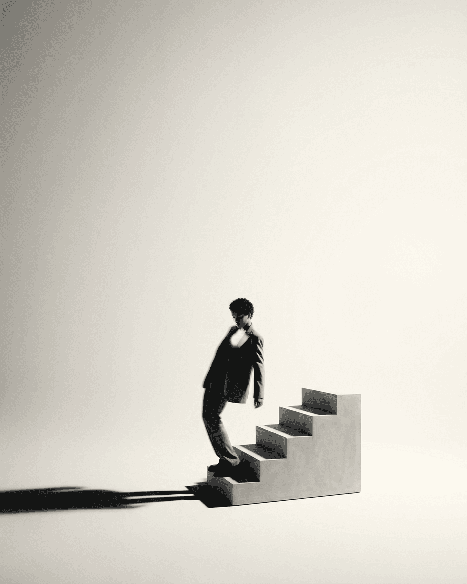 A person in a tailored suit leans on a gray concrete staircase.