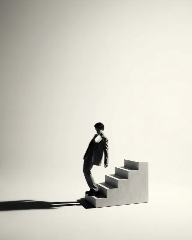 A person in a tailored suit leans on a gray concrete staircase.