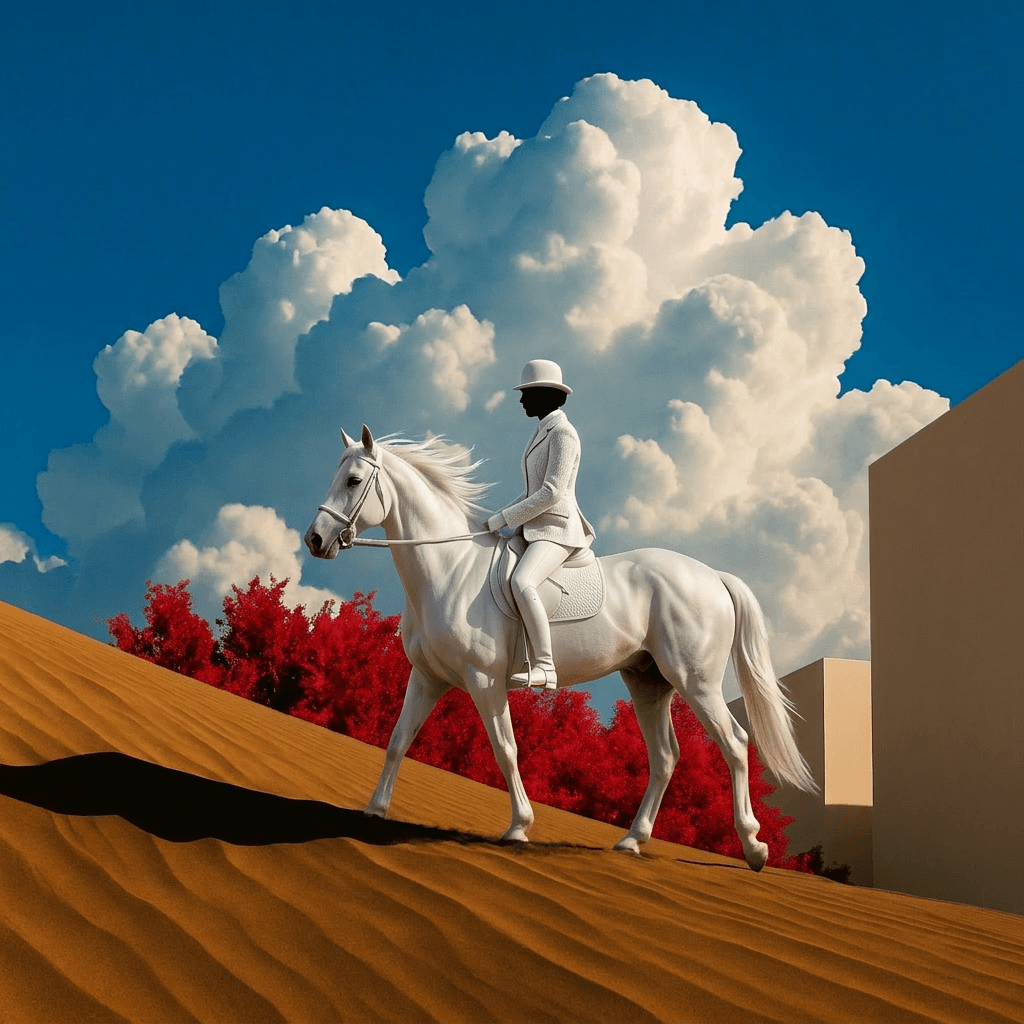 A figure in white rides a white horse on golden dunes with red trees and blue clouds.