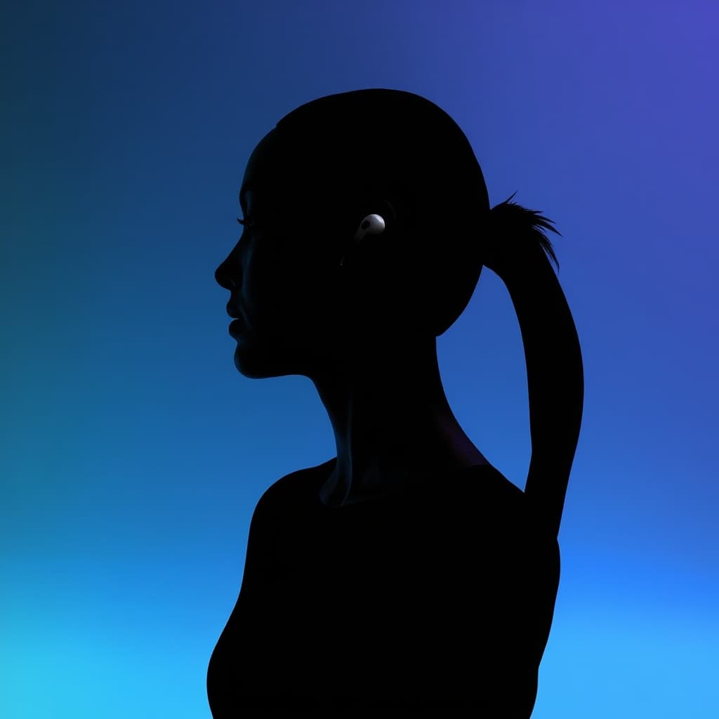 Silhouette of a person with a ponytail and wireless earbuds on a gradient background.