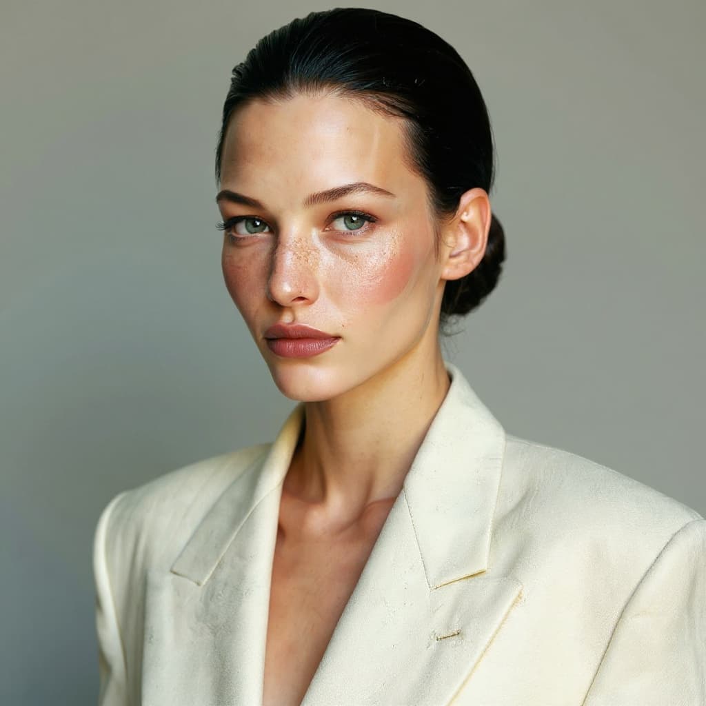 A model with flawless skin wearing a cream blazer in soft natural lighting.