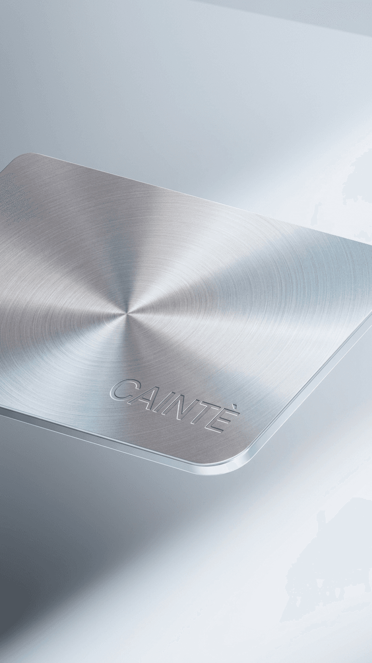 A polished metal surface with a radial pattern and embossed CAINTÉ logo.