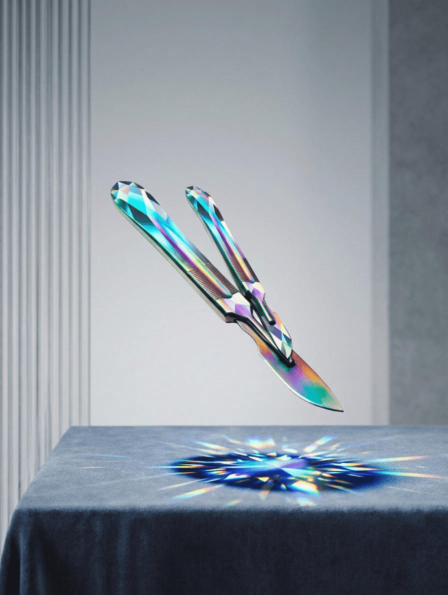 Holographic scissors floating above a textured surface, creating colourful light patterns.