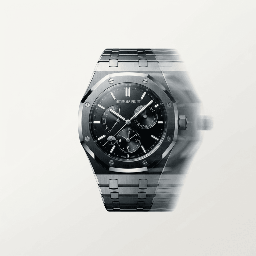 Audemars Piguet watch in motion, featuring black and silver colours.
