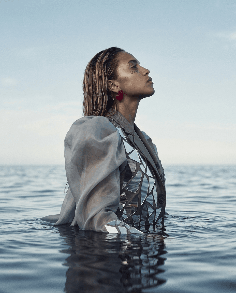 Model in a reflective jacket standing in water with a blue sky and ocean behind.