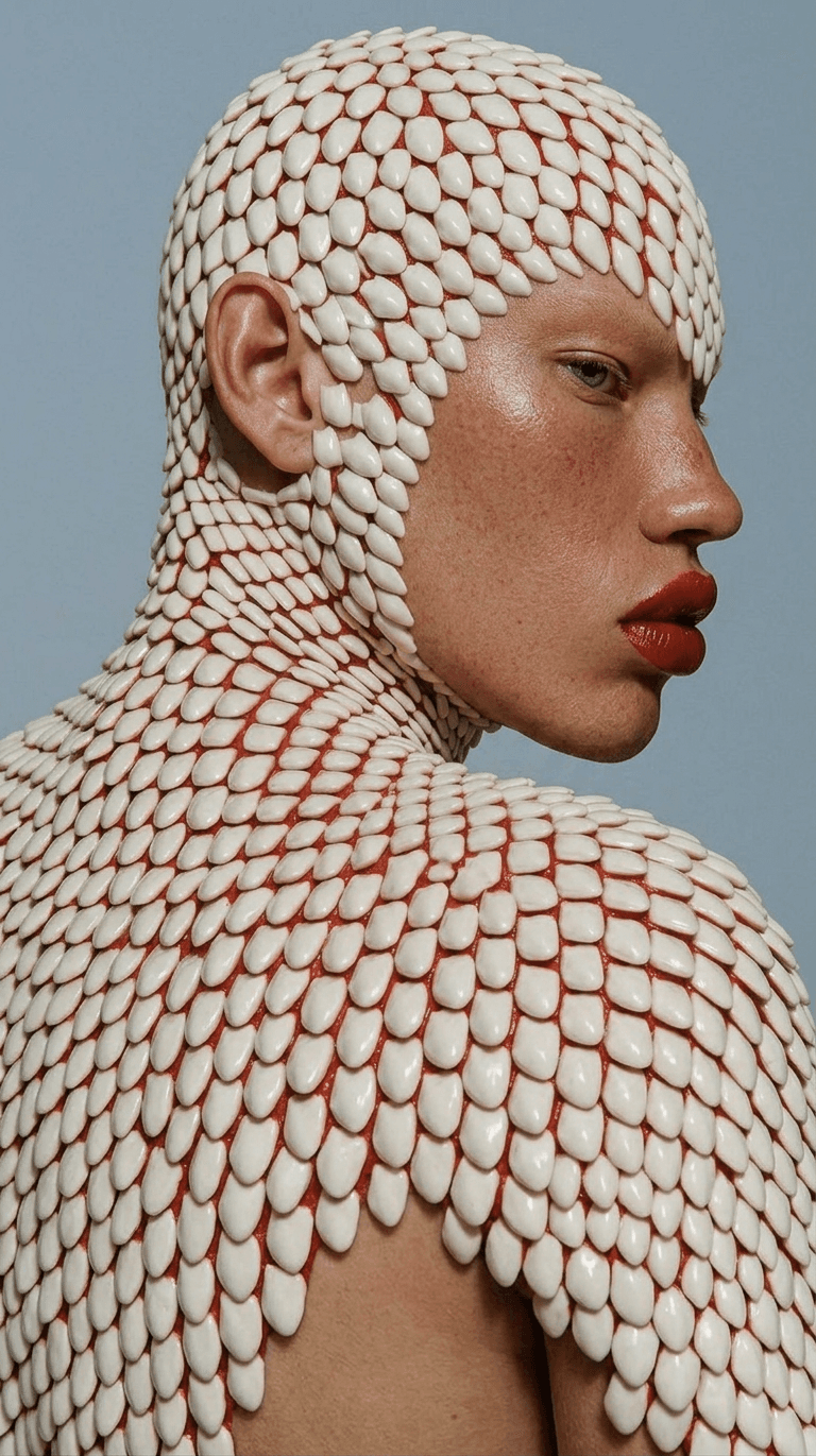 A person with textured white and red scales on their skin, set against soft blue tones.