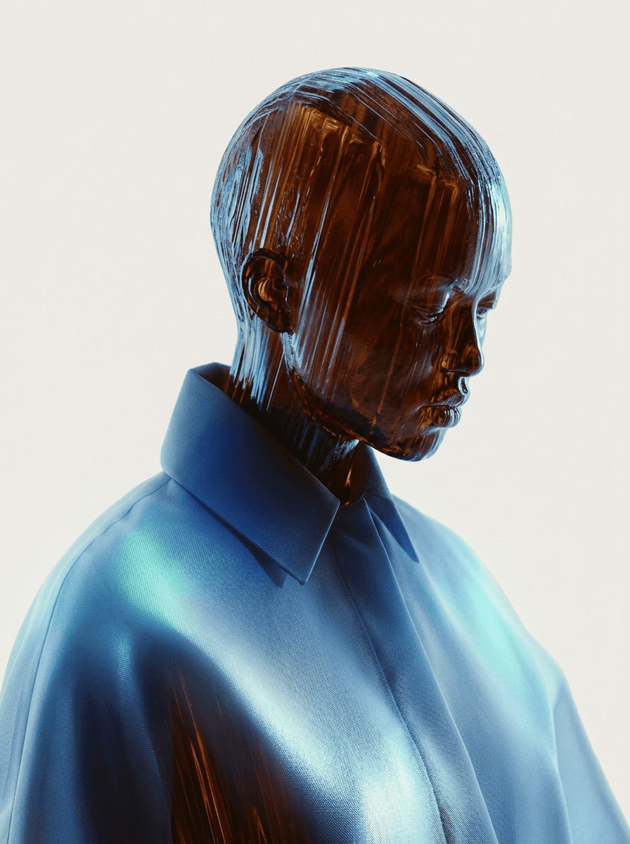 An abstract sculpture of a figure with a semi-transparent surface on a minimalist background.