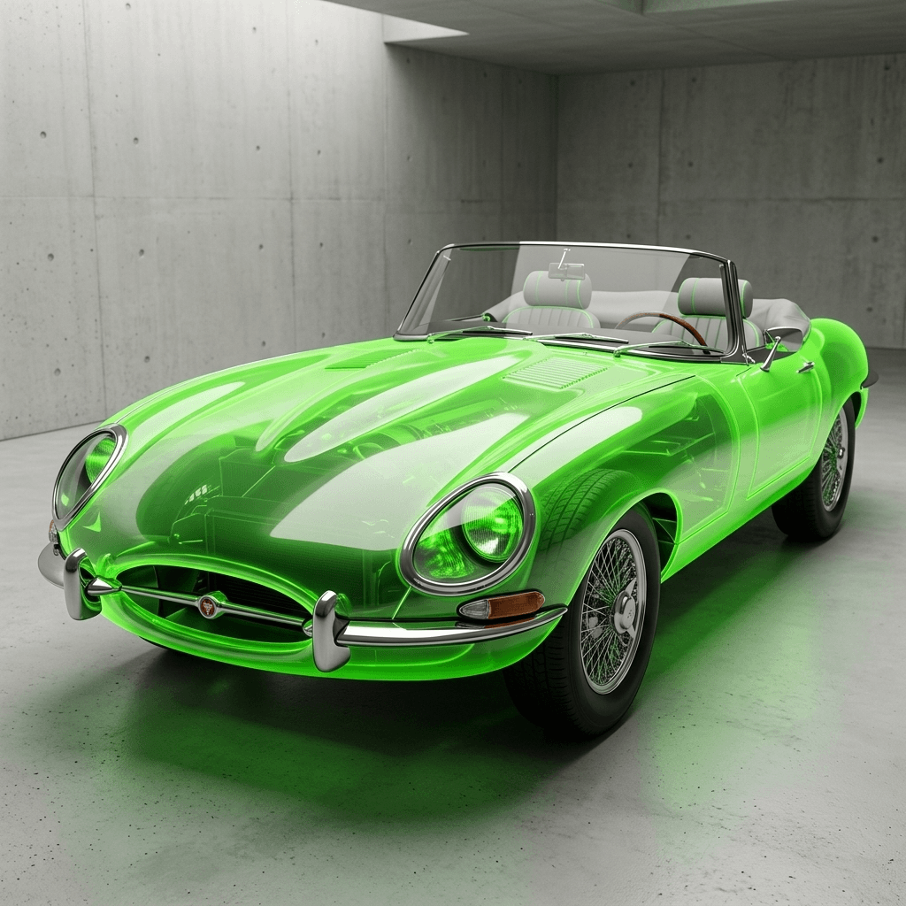 A translucent green vintage car in a concrete space.
