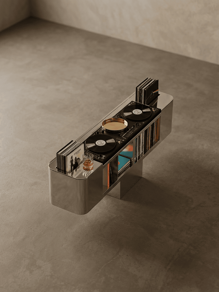 A modern vinyl record player on a minimalist table with arranged records.