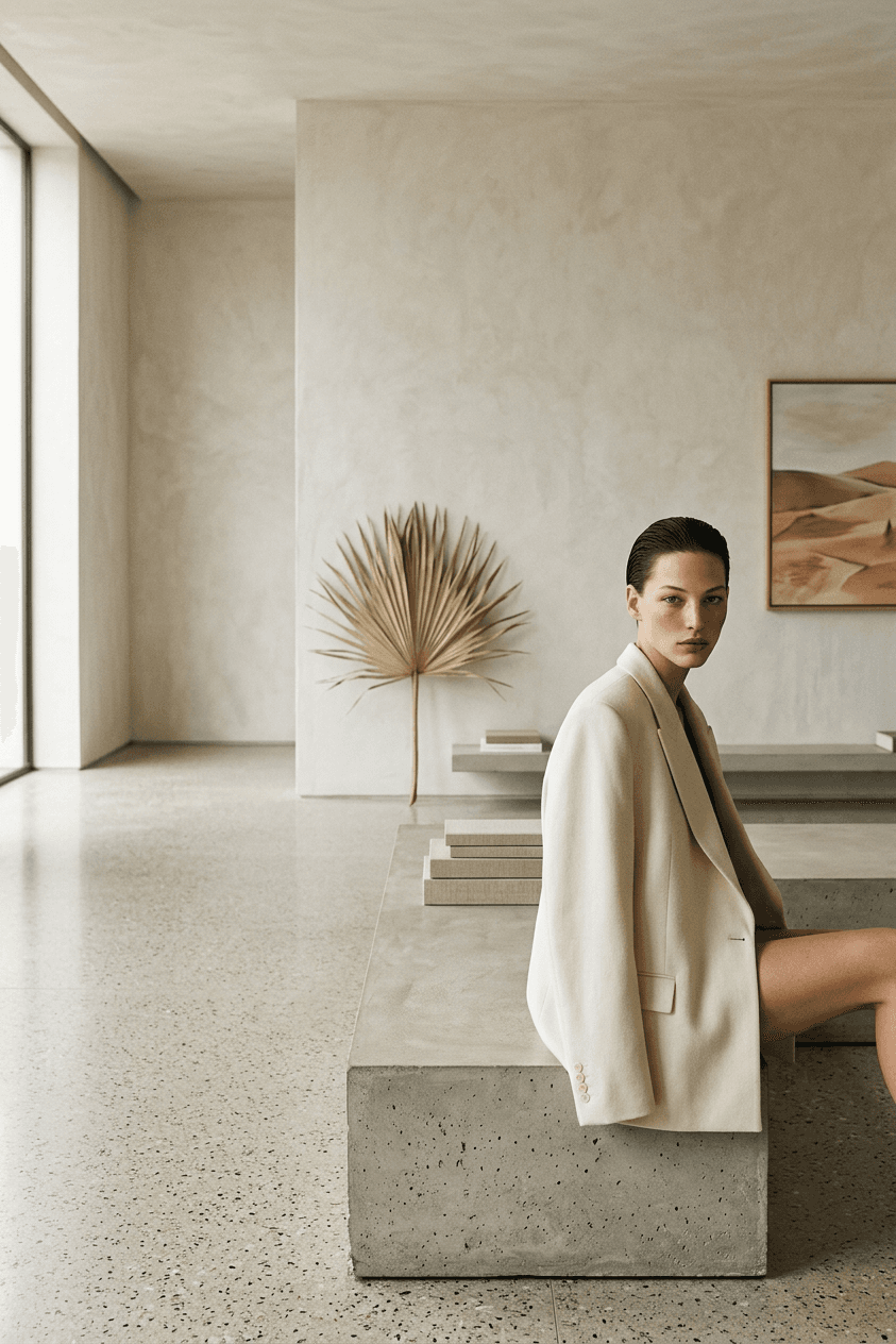 A model in a beige blazer seated on a concrete bench in a modern interior.