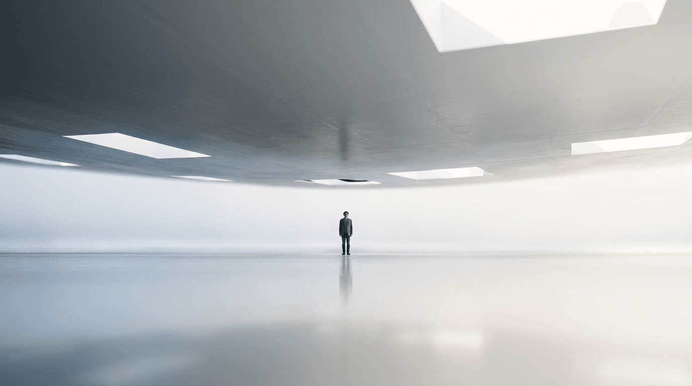 A lone person in a vast, minimalist room with a curved ceiling and square skylights.