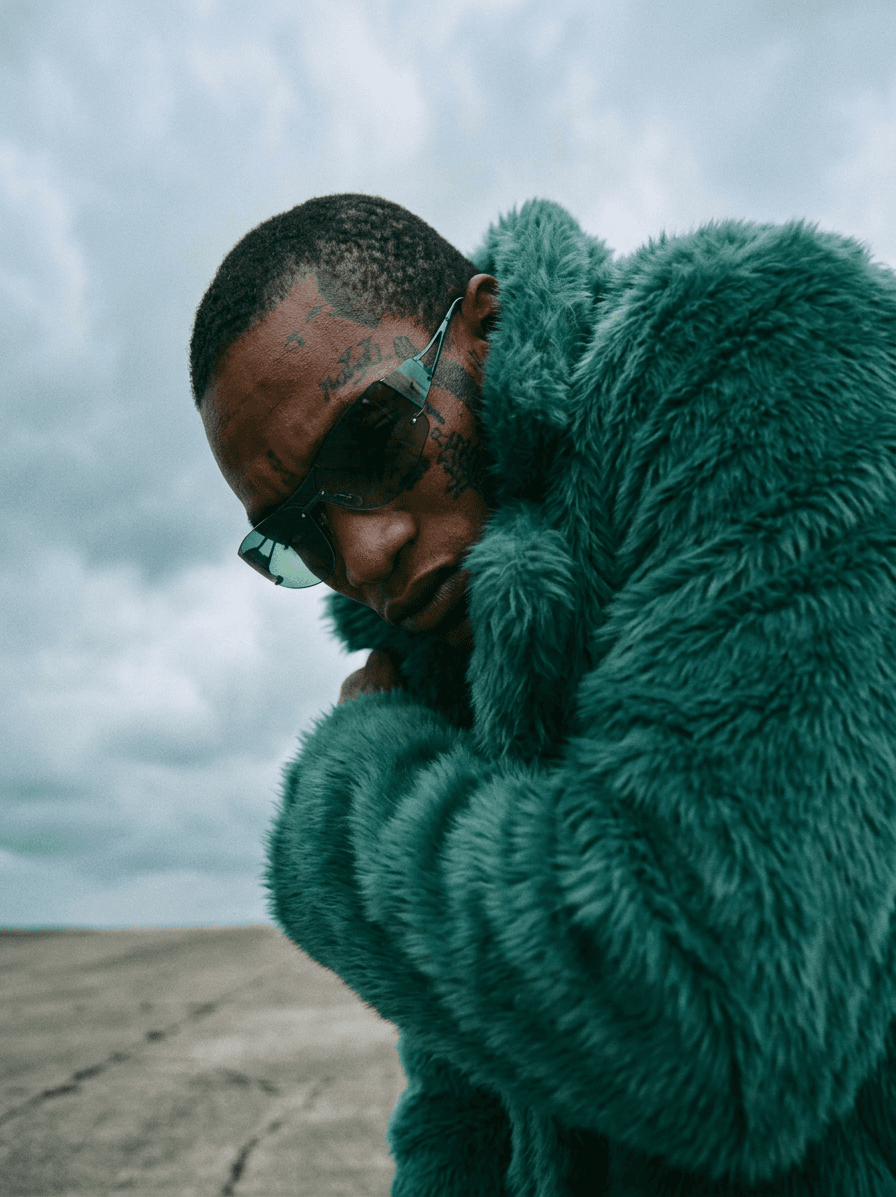 Man in a green fur coat and sunglasses with a cloudy sky background.