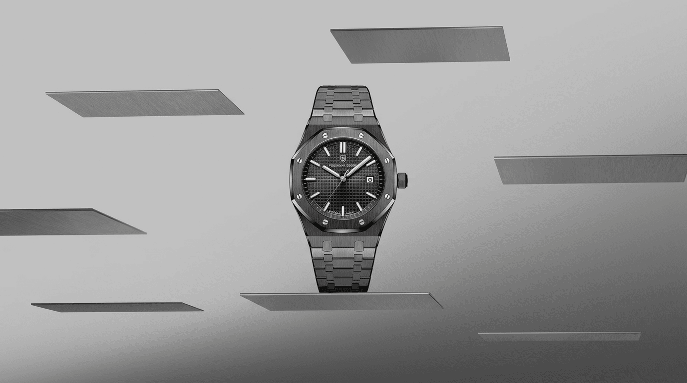 Luxury watch on a grey background with reflective surfaces.