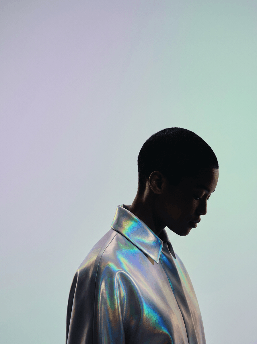Side profile of a person wearing a holographic shirt in soft pastel colours.