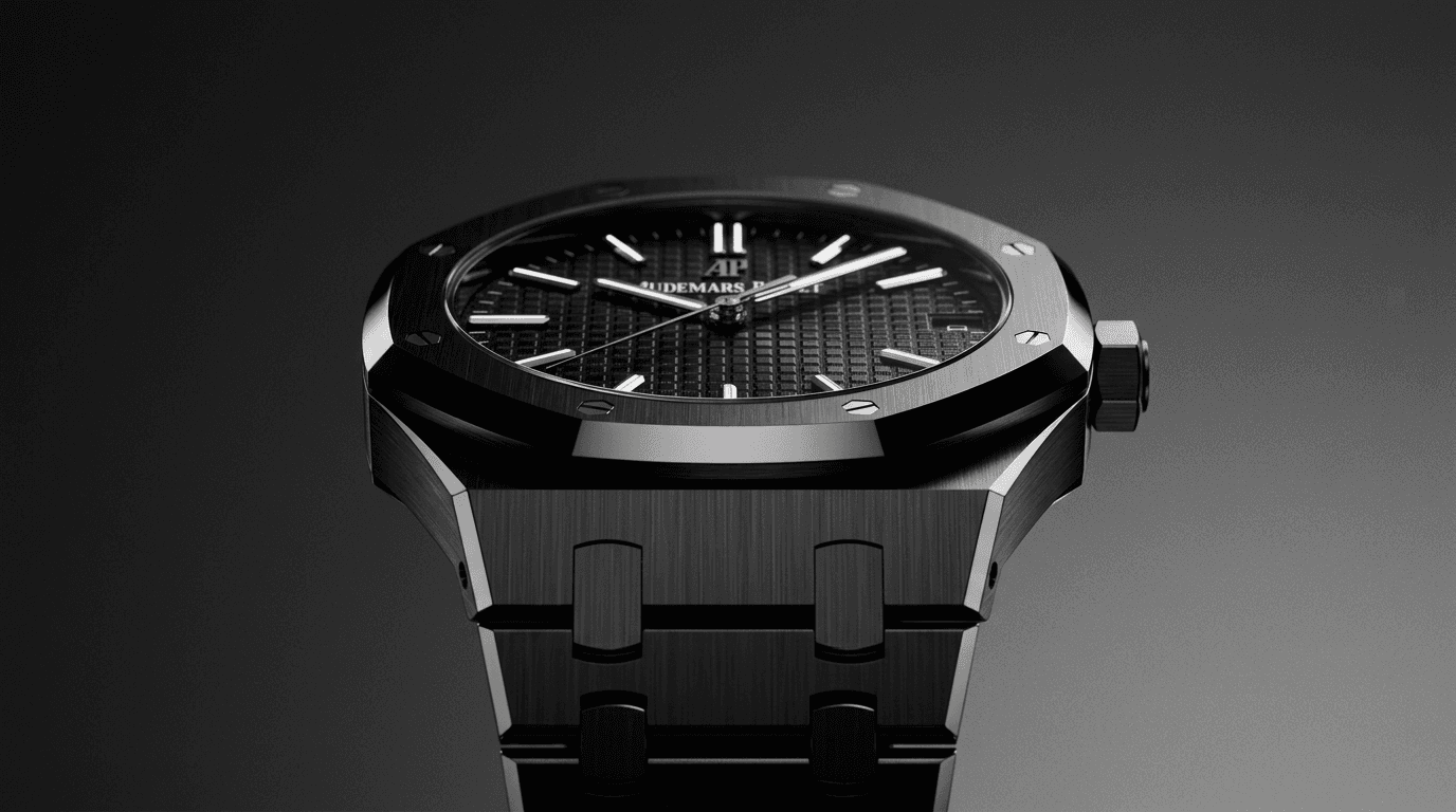 A black Audemars Piguet watch with silver accents on a dark background.