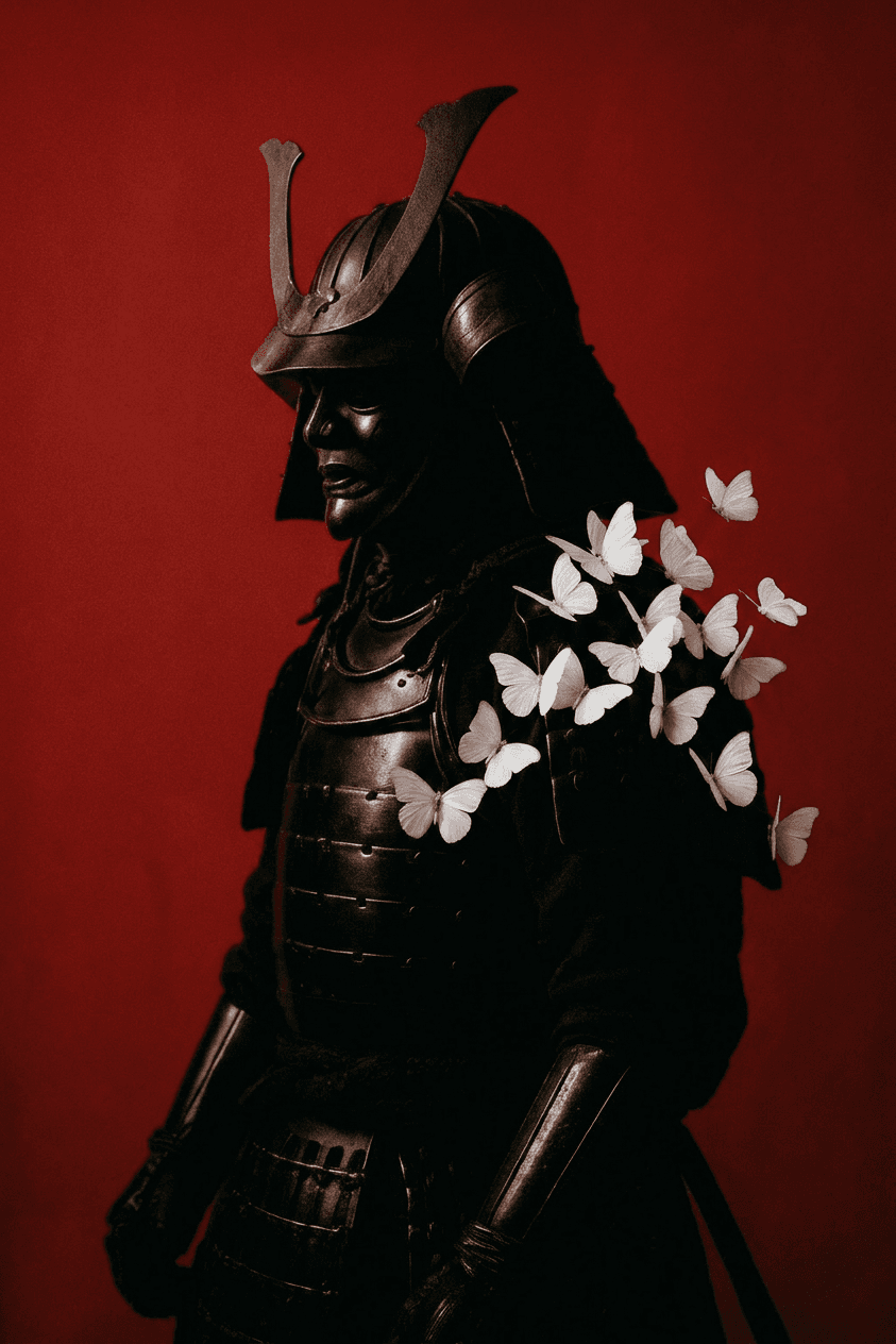 Digital illustration of a samurai in dark armour with white butterflies on his shoulder, set against a red background.