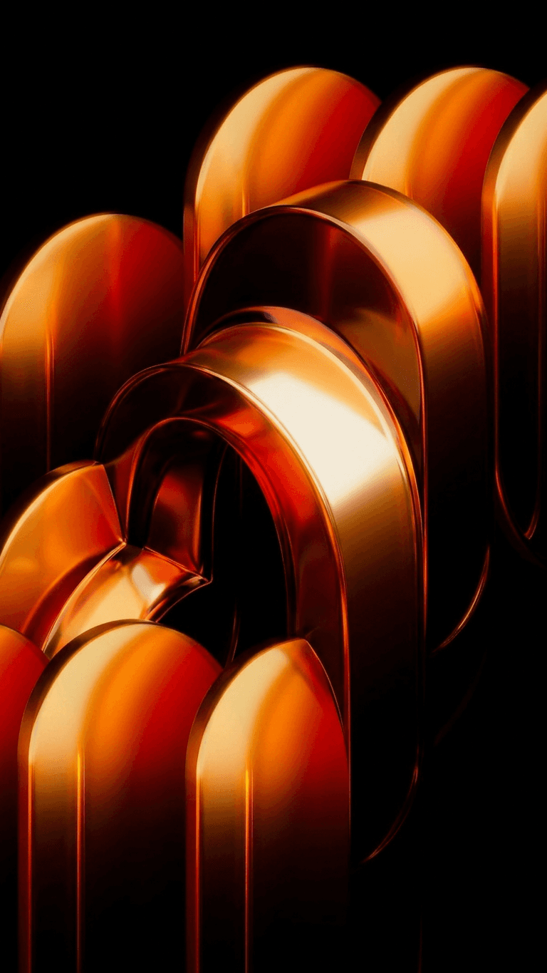 Abstract metallic shapes with a flowing form in orange and gold.