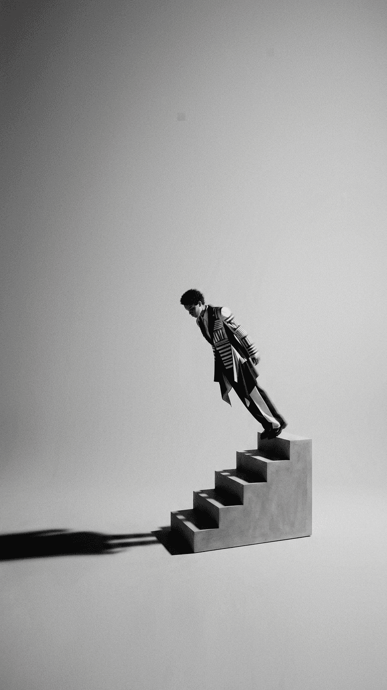 A figure in a patterned coat leans forward on stylized stairs, casting a long shadow.