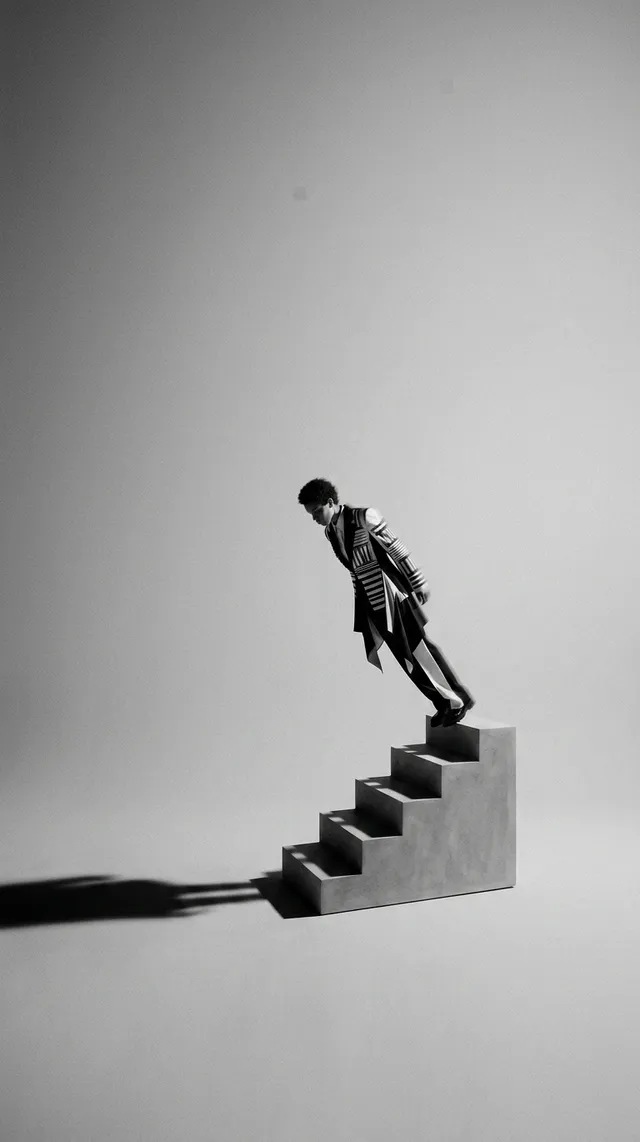 A figure in a patterned coat leans forward on stylized stairs, casting a long shadow.