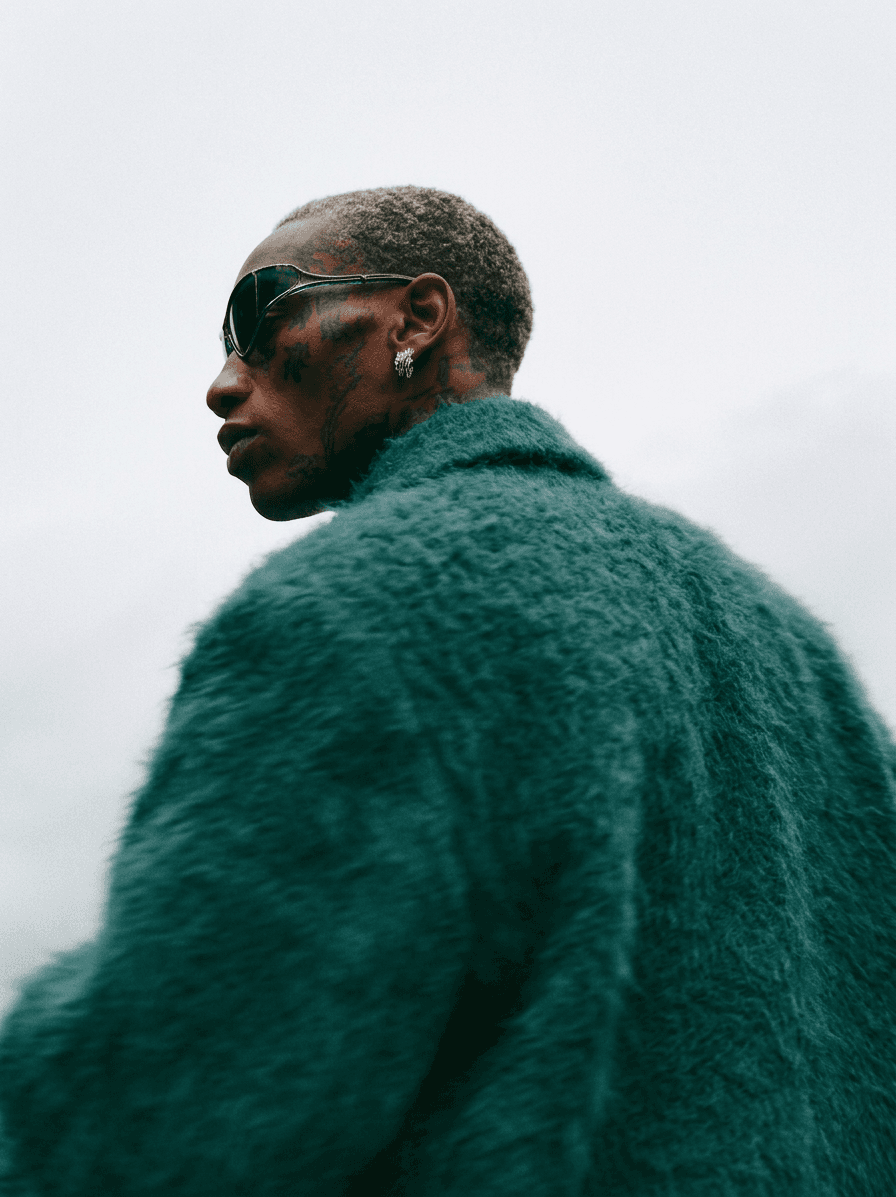 Man wearing a textured green coat and sunglasses in a moody portrait.