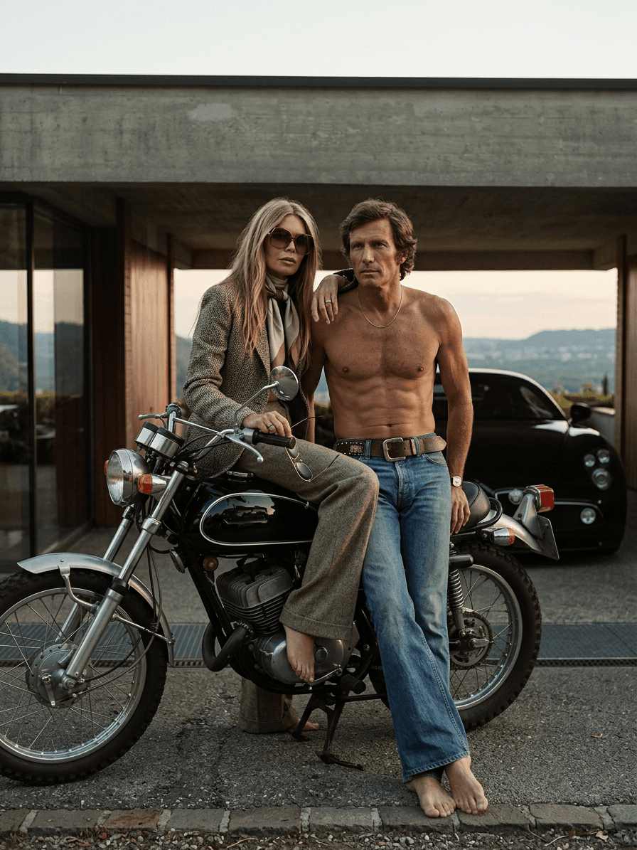 A couple poses on a vintage motorcycle outside a modern house.
