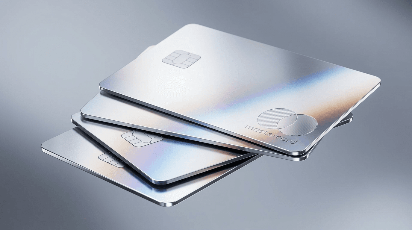 A stack of metallic credit cards with a reflective finish on a blurred background.