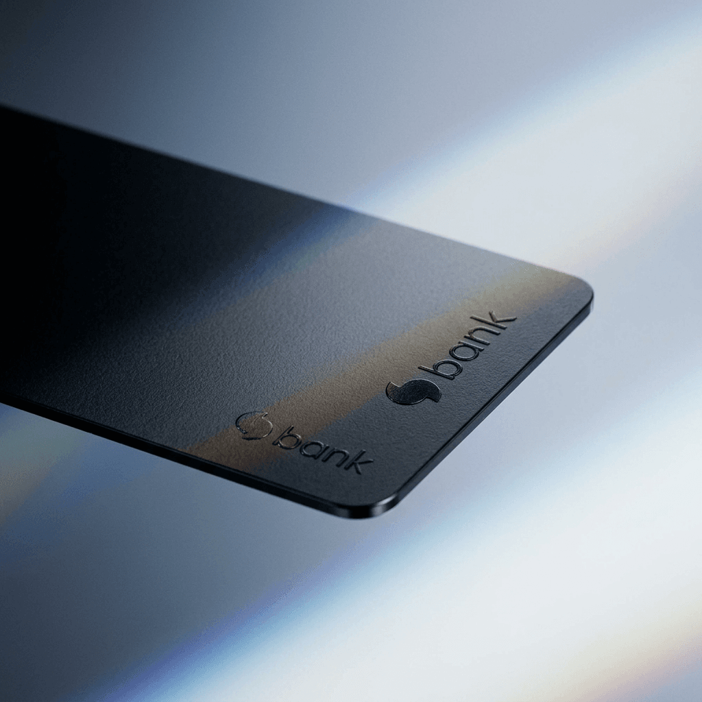 A black bank card on a blurred gradient background with iridescent light.
