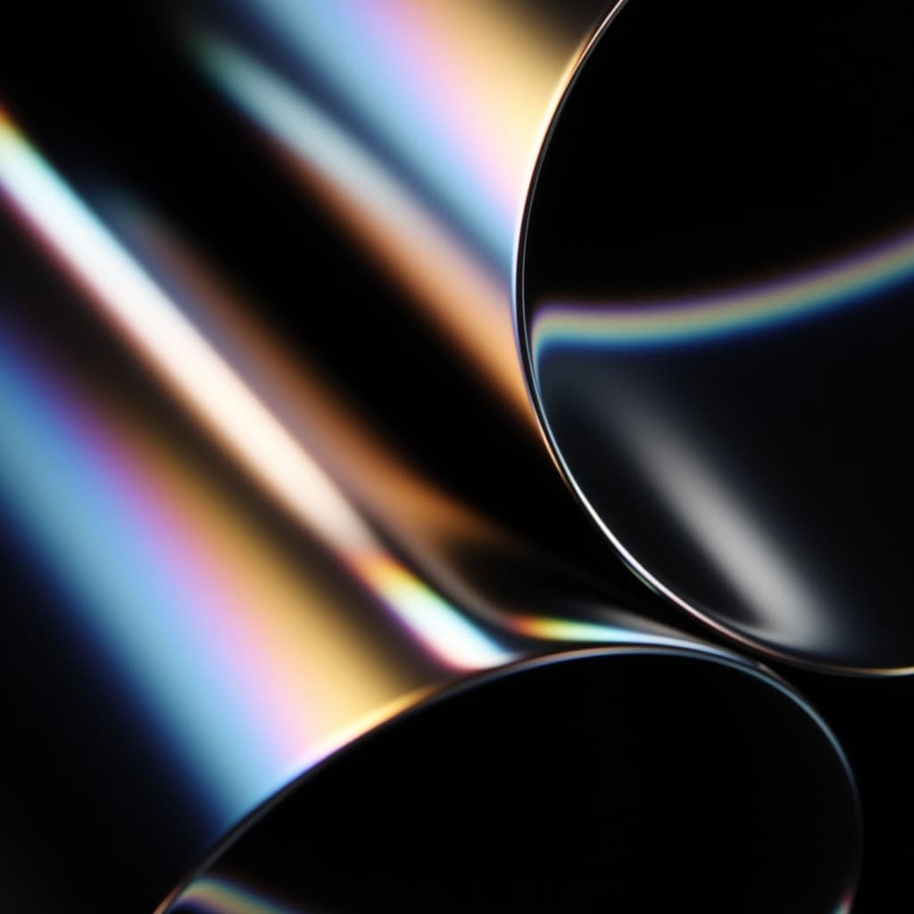 Close-up of smooth, reflective surfaces displaying iridescent colours on a dark background.