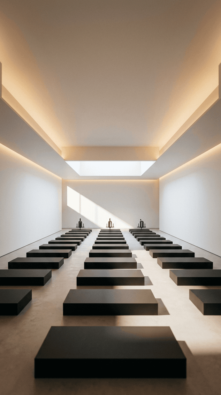 Interior space with black rectangular platforms and soft ambient lighting.