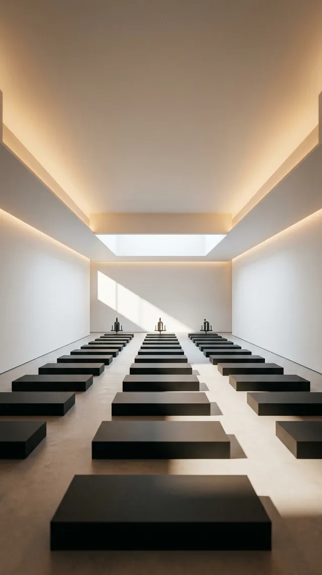 Interior space with black rectangular platforms and soft ambient lighting.
