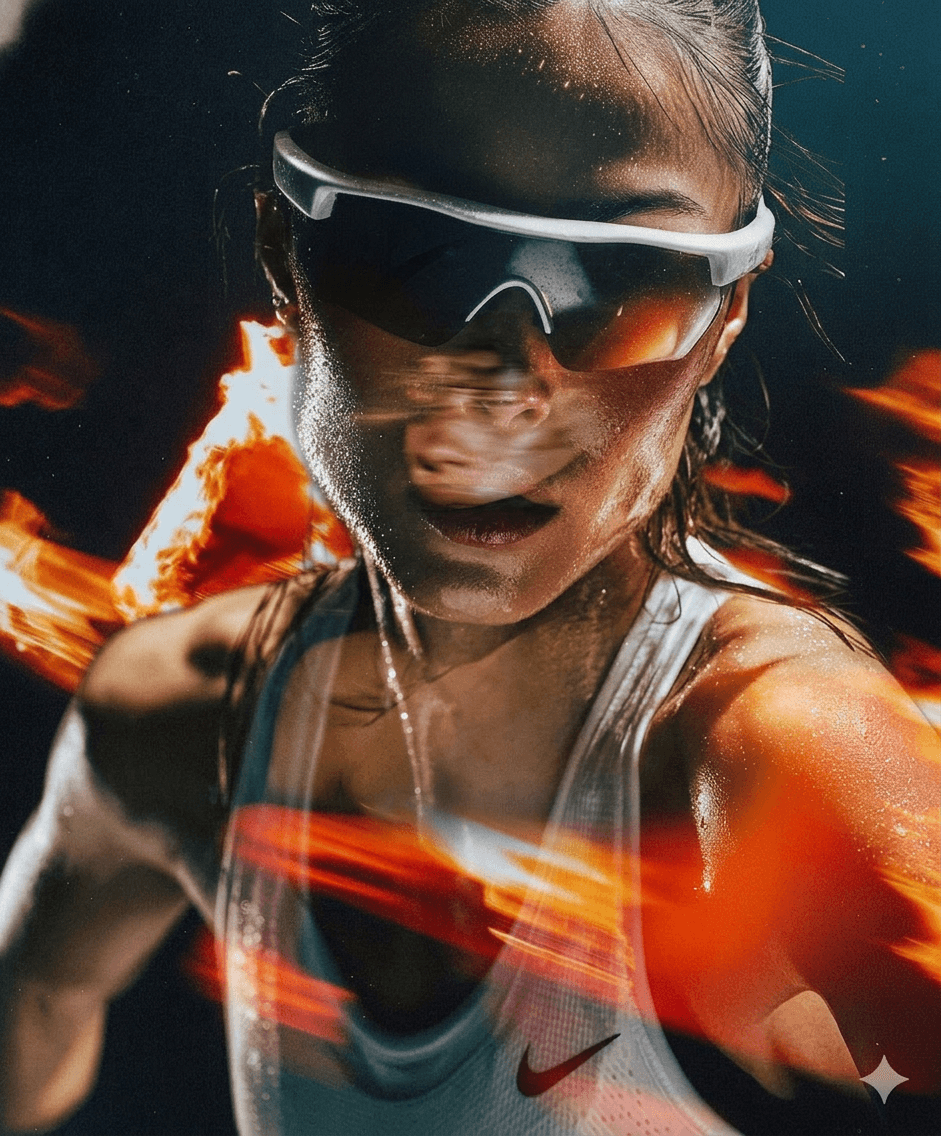 Athlete with slicked-back hair and sunglasses in front of flames.