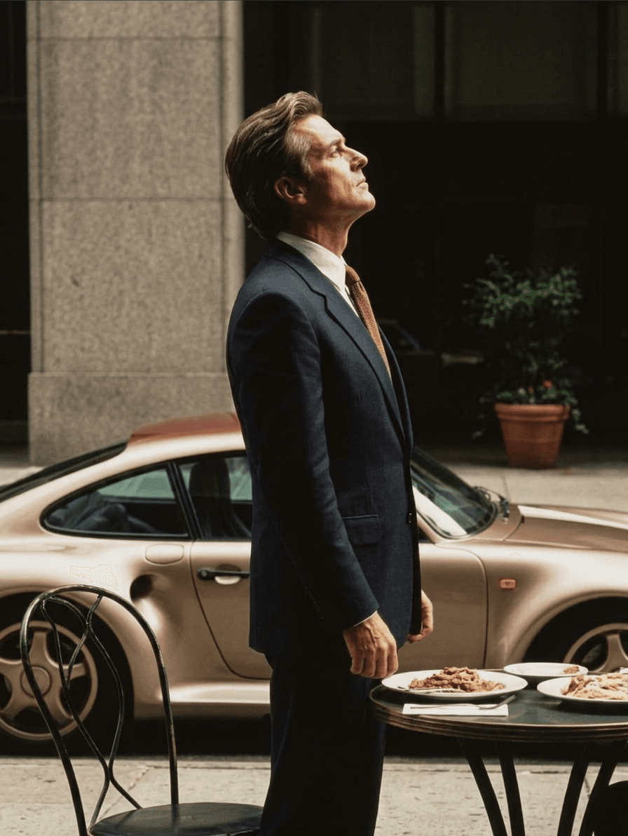 A man in a tailored suit stands by a table with food, near a vintage car.