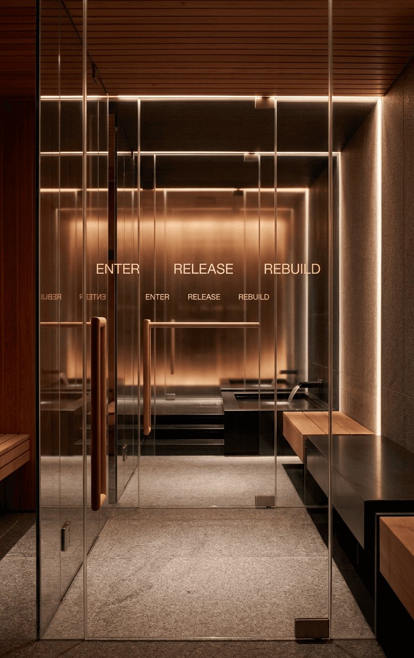 A minimalist interior space with glass and wood elements and soft lighting.