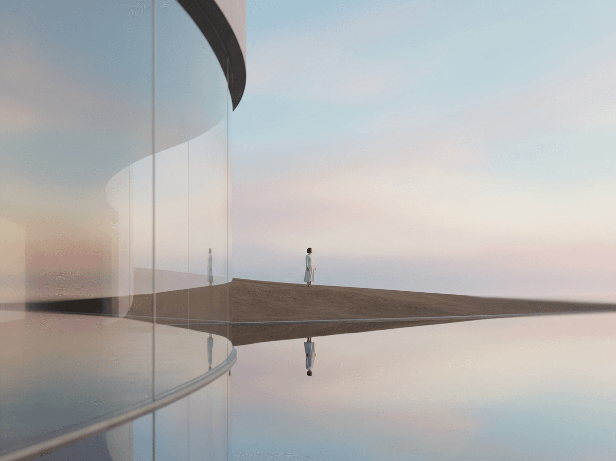 A woman stands on a minimalist landscape with smooth surfaces and a pastel sky.