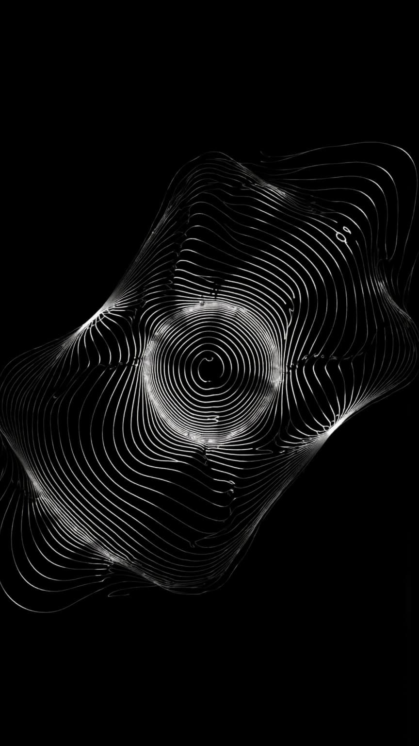 Monochromatic illustration with white line patterns on a black background.