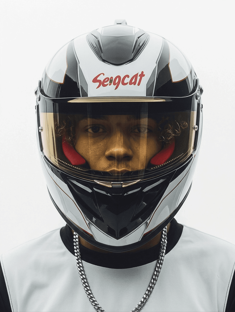 Young individual with a fierce expression in a black and silver motorcycle helmet.
