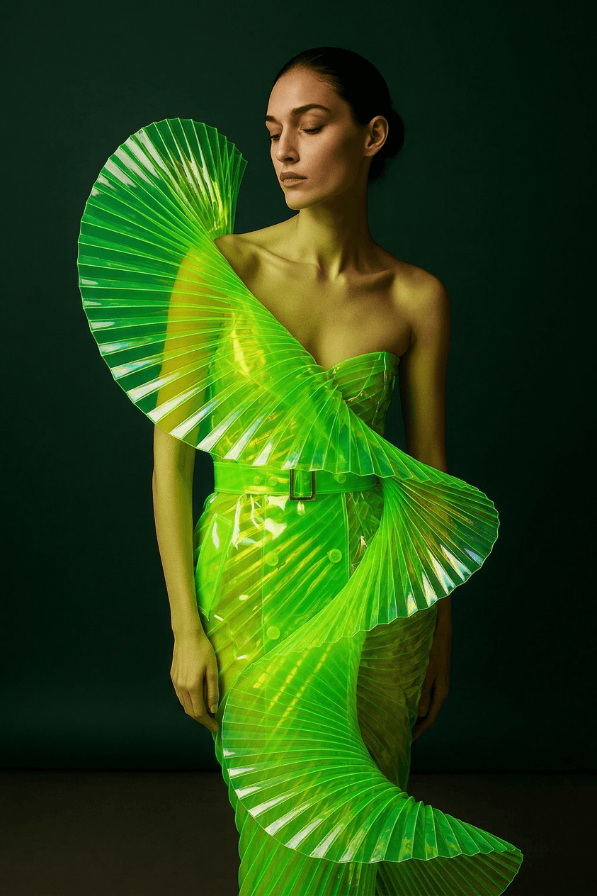 Model wearing a futuristic dress made of translucent green material with fan-like elements.