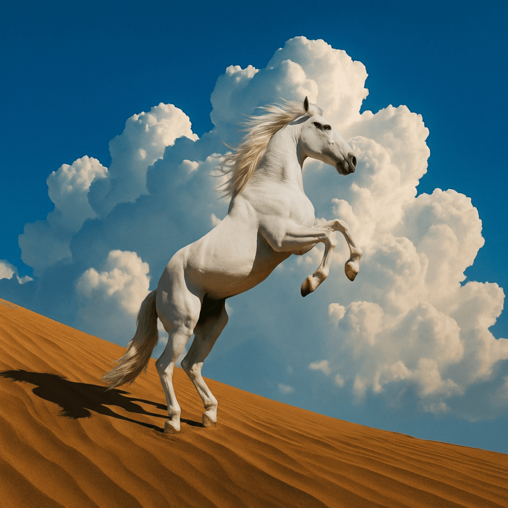 A white horse rearing on a golden sand dune with a blue sky and fluffy clouds.