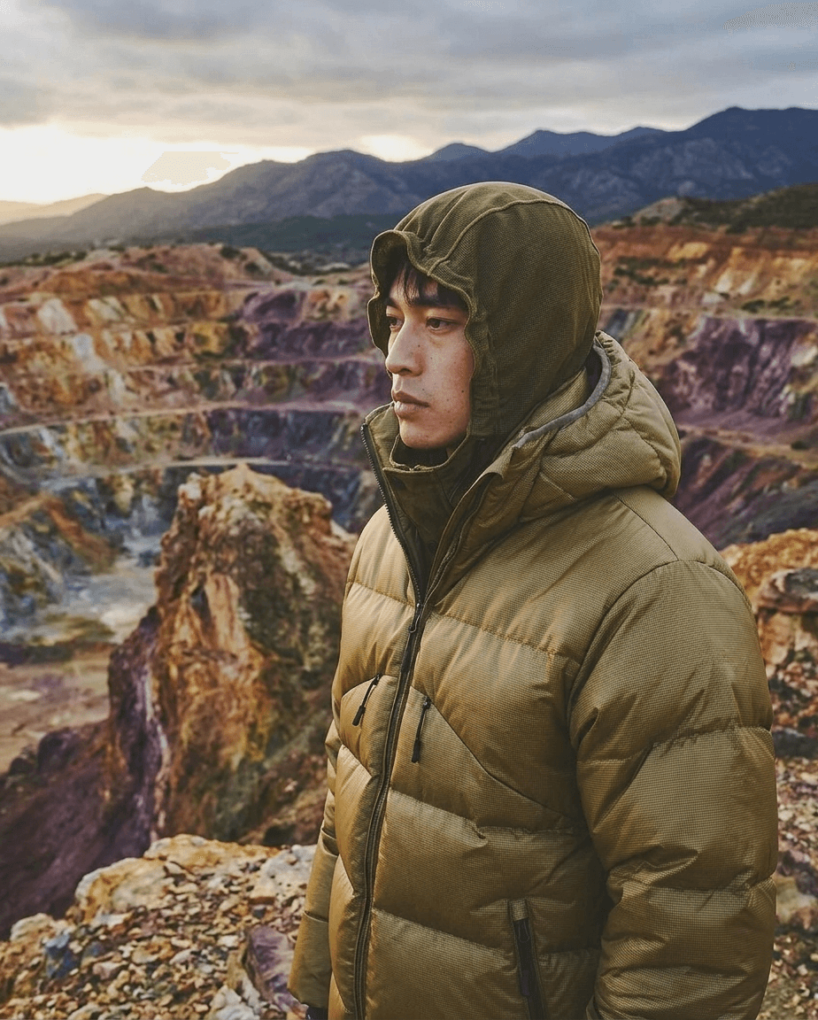A figure wearing an olive-green puffer jacket in a multicoloured barren landscape.
