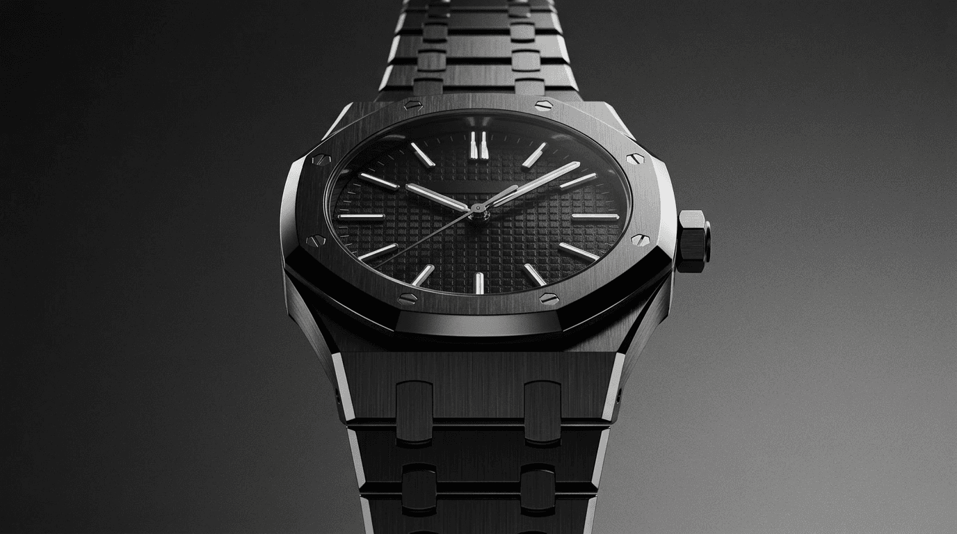 A black luxury watch with a textured dial and angular case.