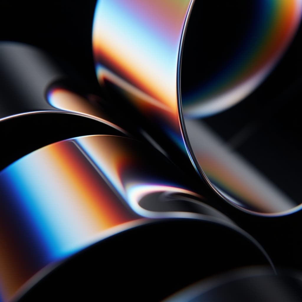 Close-up of shiny metallic ribbons reflecting rainbow colours on a dark surface.