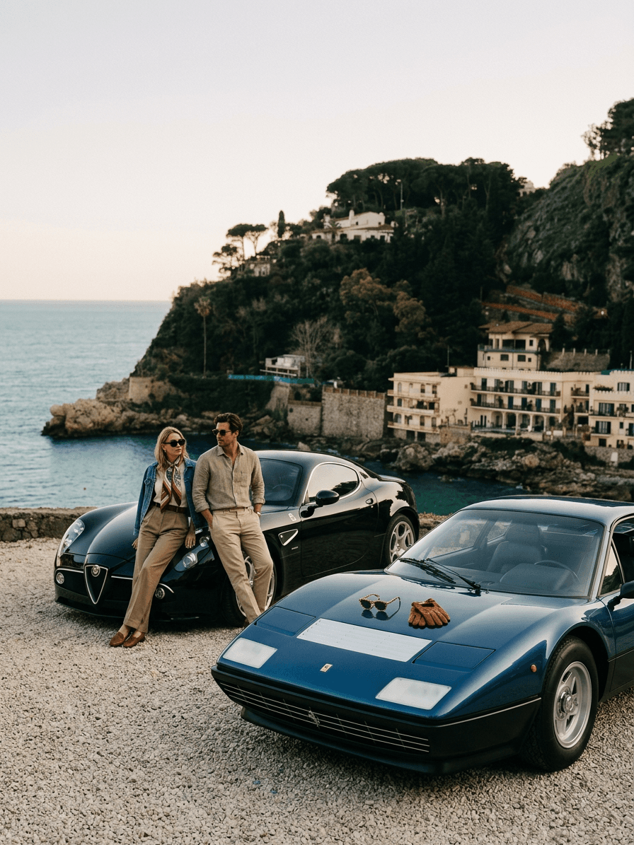 Couple posing beside classic cars with a coastal view in warm tones.
