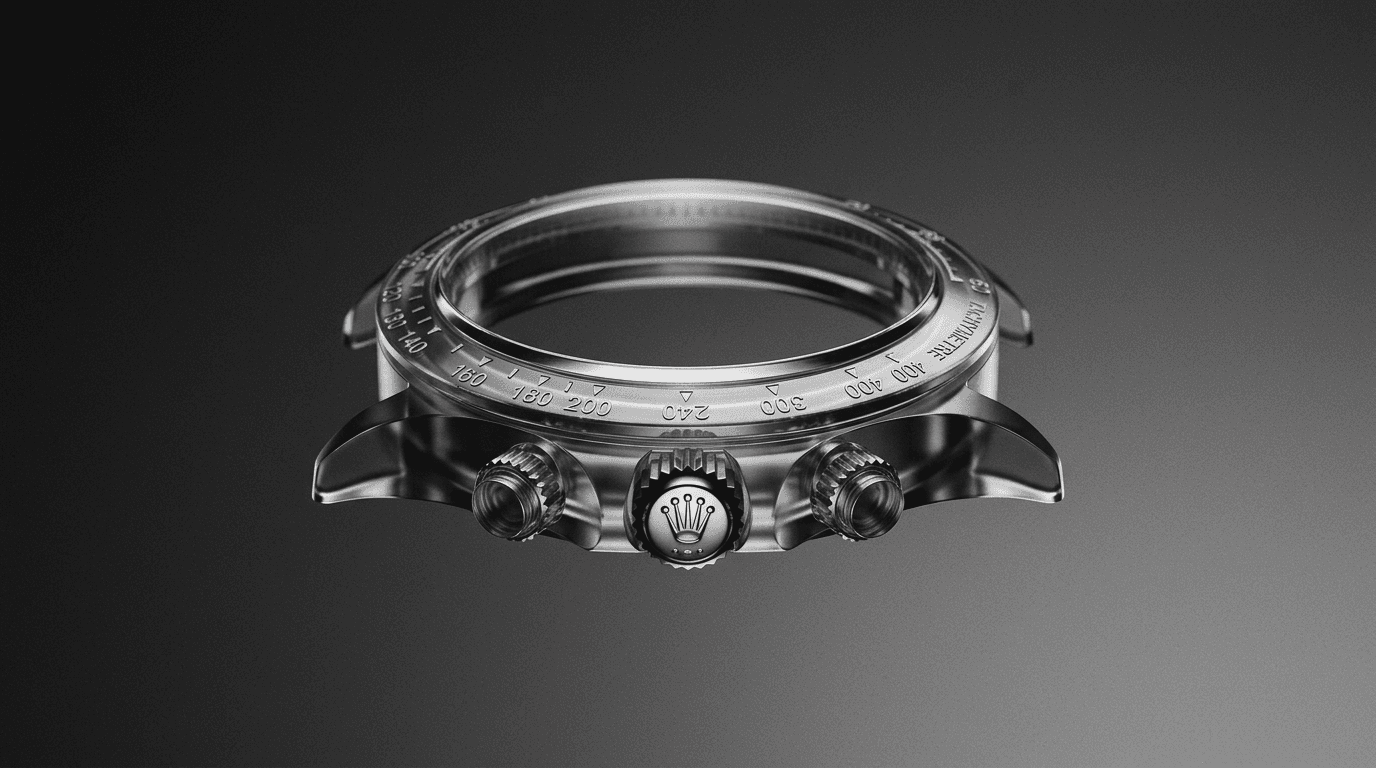 3D rendering of a sleek, high-end watch casing in metallic silver.