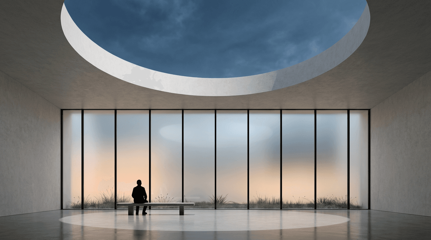 Interior space with a figure sitting on a bench under a circular skylight.