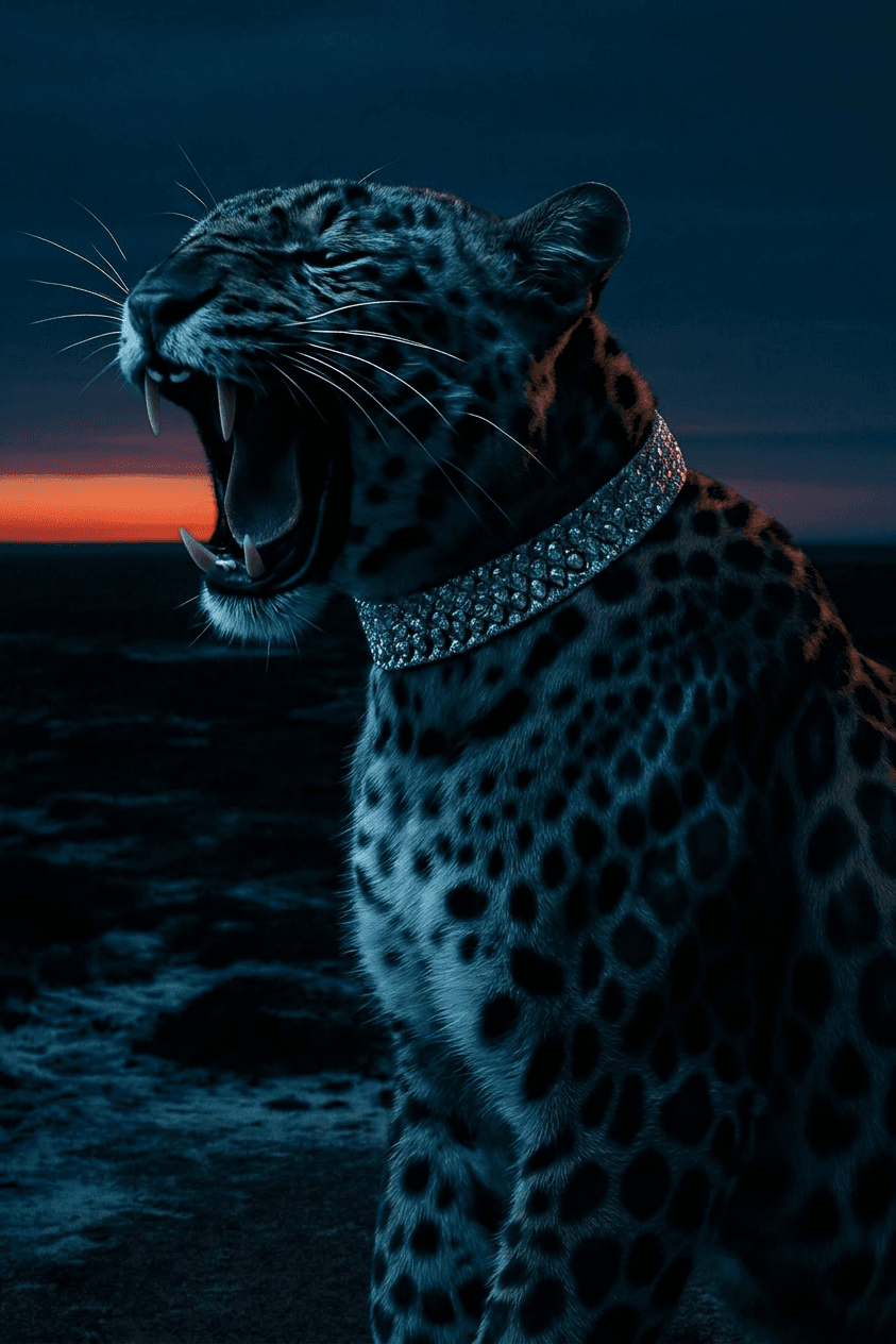 A leopard with a diamond collar in a twilight setting.