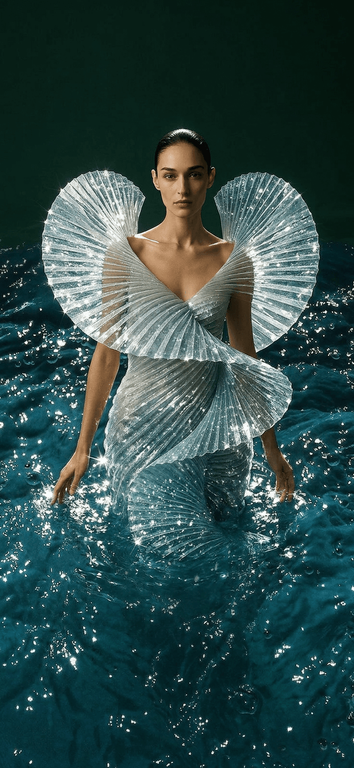 Model in a sculptural gown stands in blue water with light reflections.