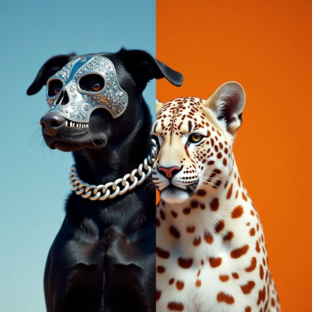 Digital illustration of a black dog in a skull mask next to a leopard on a blue and orange background.