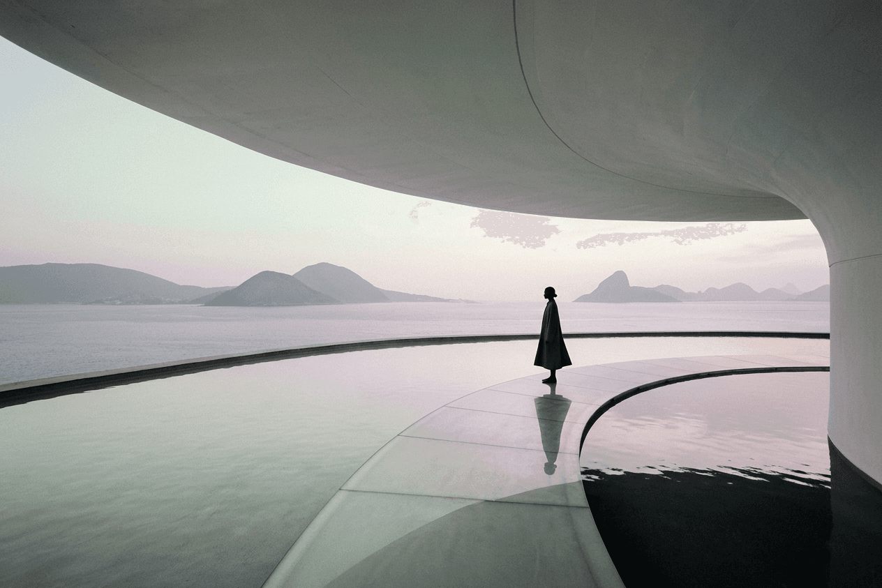 A figure on a curved platform overlooking a serene water body and mountains.