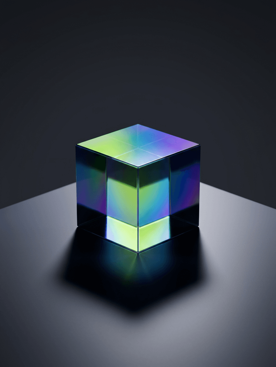 A reflective cube with iridescent surfaces on a dark background.