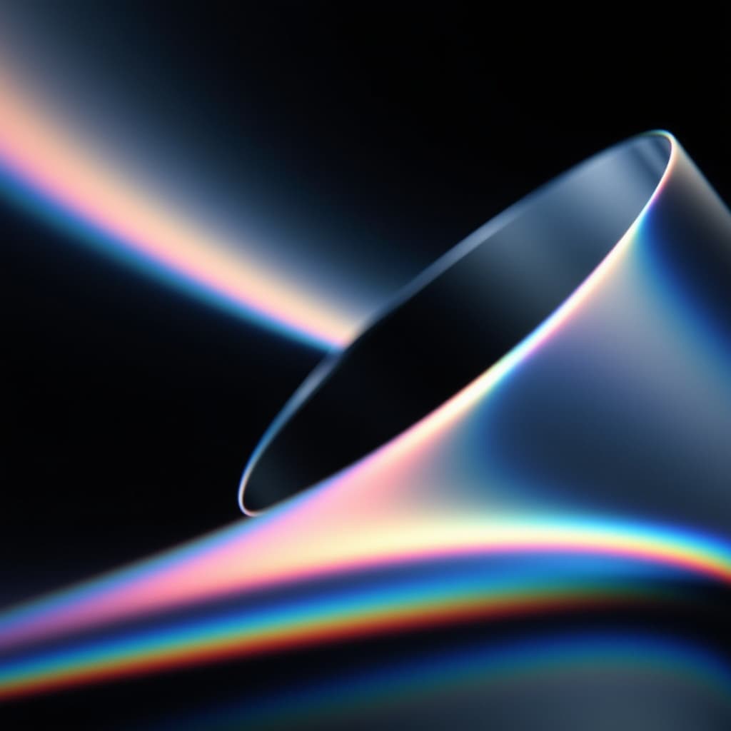Abstract circular metallic form with colourful light rays on a dark background.